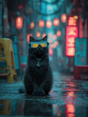 A sleek black cat with stylish futuristic glasses poses in a neon-lit city alleyway, creating a captivating atmosphere perfect for urban and pet lovers.の素材