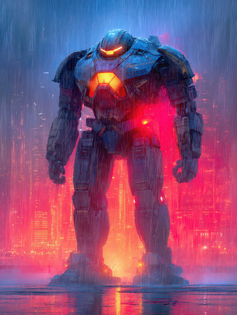A stunning portrayal of a futuristic robot standing tall in a rainy neon cityscape, surrounded by glowing lights, creating an atmospheric and dramatic scene.の素材