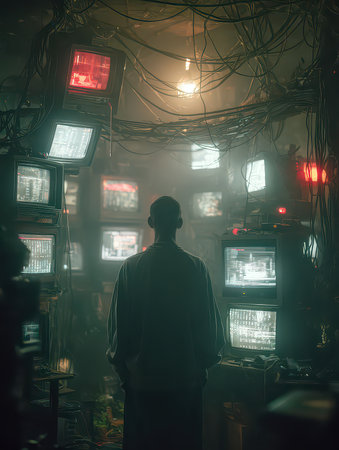 A person stands in a dimly lit room, surrounded by flickering computer screens and tangled wires, creating a mysterious and atmospheric environment.の素材
