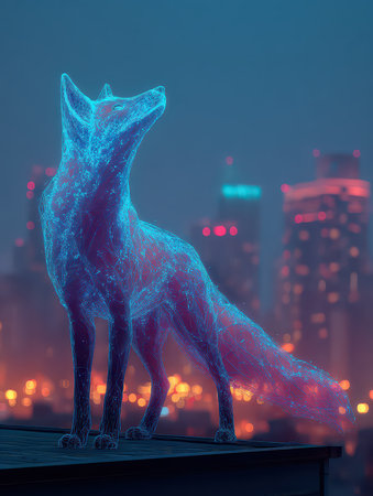 Ethereal fox silhouette glows in vibrant blue and red against a foggy city skyline. This stunning digital art piece merges nature with a futuristic urban landscape.の素材