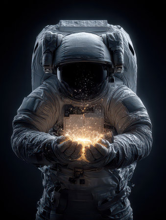 An astronaut stands in a dark space, holding a glowing box that emits sparkling light, symbolizing mystery and exploration in the cosmos.の素材