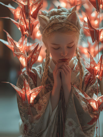 A serene young woman in a beautiful kimono stands amidst glowing paper cranes, capturing a moment of reflection and tranquility in a dreamlike setting.の素材