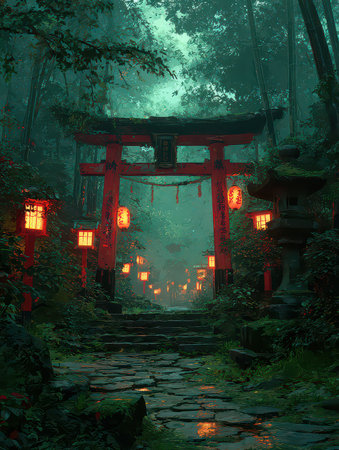 A tranquil pathway leads through vibrant red torii gates surrounded by lush green foliage and soft mist, creating a serene and mystical atmosphere.の素材