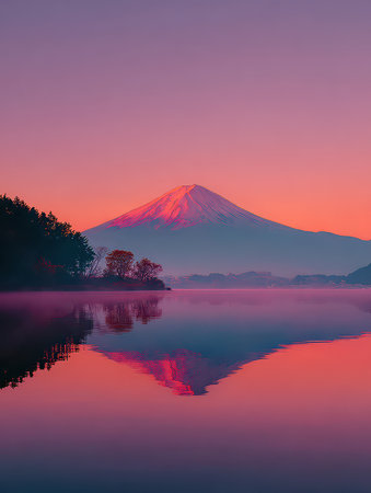 Experience the tranquil beauty of Mount Fuji at twilight, with stunning color reflections over the calm lake surface, evoking a sense of peace and serenity.の素材
