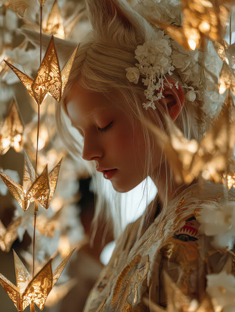 A serene portrait of a young woman with delicate features, surrounded by glowing lanterns. The ambiance captures the essence of tradition and beauty in a tranquil setting.の素材