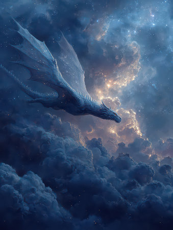 A majestic dragon glides gracefully through a starry, cosmic cloudscape. Ethereal colors and wispy clouds create a magical atmosphere of fantasy and wonder.の素材