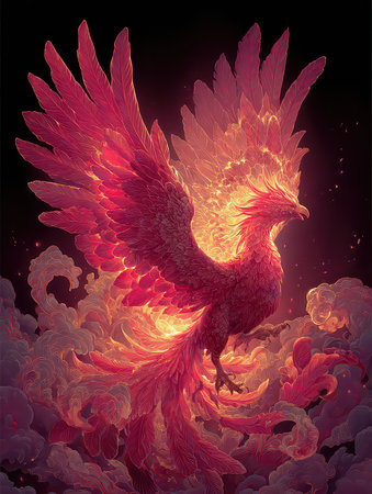 A magnificent phoenix emerges from the clouds, its fiery wings glowing with vibrant energy. This enchanting artwork evokes themes of rebirth, power, and magic.の素材