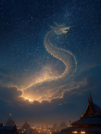 A magnificent dragon soars above ancient temples, illuminated by starlight and ethereal clouds, creating a breathtaking fantasy scene full of wonder and beauty.の素材