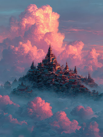 This stunning fantasy castle rises majestically above a sea of pink clouds at dusk, offering a breathtaking vision of enchanting beauty and serenity.の素材