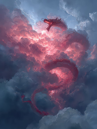 A captivating depiction of a dragon rising from vibrant storm clouds, showcasing an interplay of color and light that creates a mystical atmosphere.の素材