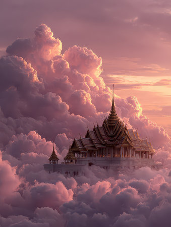A captivating palace rises amidst the vibrant pink and purple clouds at dusk, evoking a sense of serenity and wonder in a dreamy landscape.の素材