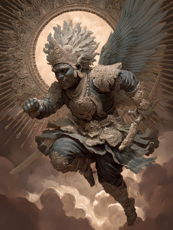 This stunning statue portrays a majestic winged warrior in a dynamic action pose, showcasing intricate details and dramatic expression, embodying strength and myth.の素材