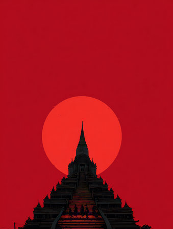 This captivating image features the silhouette of a stunning temple against a vibrant red sunset. The striking contrast invites reflection on culture and spirituality.の素材