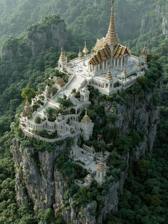 A breathtaking aerial view of a majestic temple perched atop a mountain peak, surrounded by lush greenery. The stunning architecture showcases intricate design elements, fostering a sense of peace and spirituality.の素材