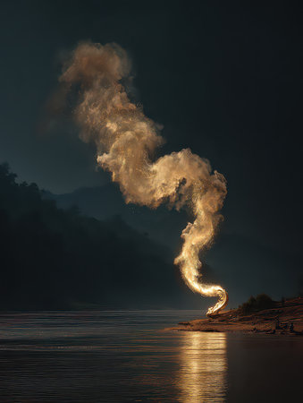 Captivating image of ethereal golden smoke gracefully rising above a calm water surface during night, creating an enchanting and tranquil atmosphere.の素材