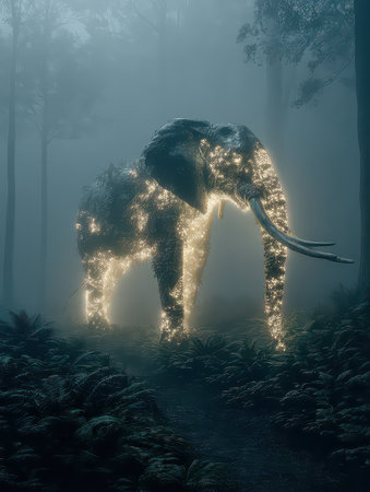 An enchanting scene features a glowing elephant emerging from a misty forest at twilight, creating a magical atmosphere in nature's serene wilderness.の素材