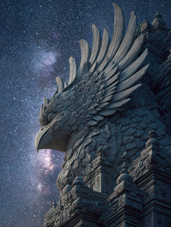 A stunning eagle statue rises majestically against a starry night sky, showcasing intricate details against the backdrop of the glowing Milky Way, inspiring awe.の素材