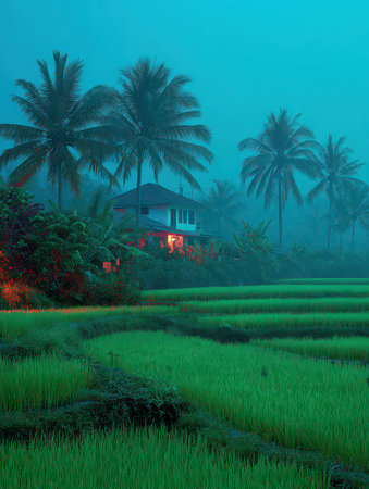 A tranquil scene featuring lush green rice fields and a charming tropical house set against a misty blue twilight. Ideal for nature and travel themes.の素材