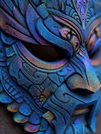 This close-up image showcases an intricately designed decorative mask featuring vibrant colors and unique patterns. Ideal for art and culture themes.の素材