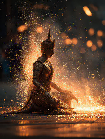 A stunning statue illuminated by sparks captures the essence of a festival, blending art and culture in a serene night backdrop filled with vibrant energy.の素材