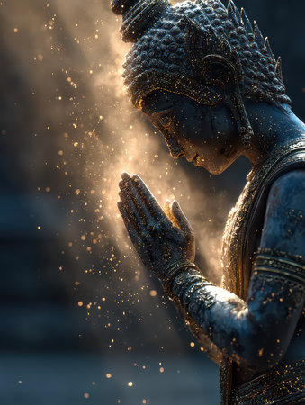 A serene Buddha statue in a meditative pose emanates tranquility, surrounded by soft golden light and delicate dust particles, evoking a sense of peace and spirituality.の素材