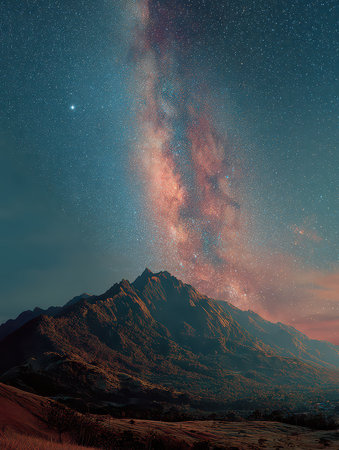 Breathtaking view of a majestic mountain illuminated by the Milky Way. Stars twinkle in a clear night sky, creating a serene atmosphere for nature lovers and explorers.の素材