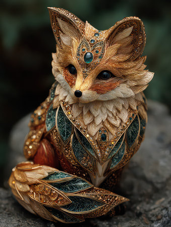 This stunning fox sculpture features intricate details and vibrant colors, showcasing exquisite craftsmanship. Perfect for art lovers and collectors.の素材