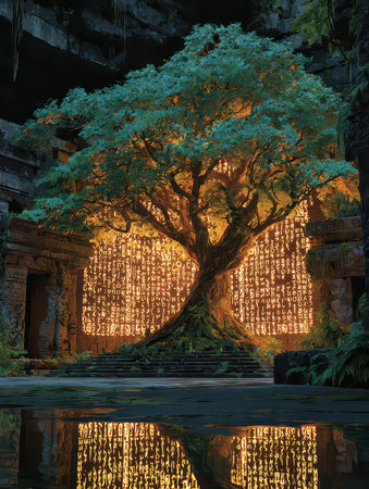 A serene and enchanting ancient tree stands amidst mystical ruins, illuminated by glowing symbols. This magical scene invites exploration and contemplation in nature's embrace.の素材