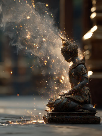 This captivating image features a serene statue of Buddha surrounded by ethereal light and smoke, embodying tranquility, spirituality, and artistic beauty.の素材