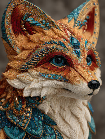 This stunning artwork features a colorfully adorned fox figurine, showcasing intricate details and vibrant textures that celebrate wildlife artistry and craftsmanship.の素材