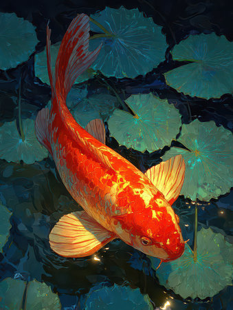 A vibrant koi fish gracefully swims among serene water lilies in a tranquil pond. The scene captures the beauty of nature, showcasing vivid colors and peaceful reflections.の素材