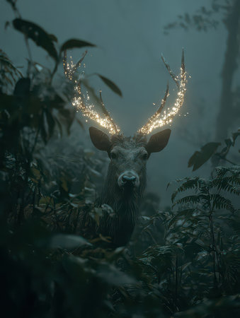 A mystical deer emerges from a misty forest, its antlers adorned with sparkling light. This enchanting scene captures the serene beauty of nature, evoking a sense of magic.の素材