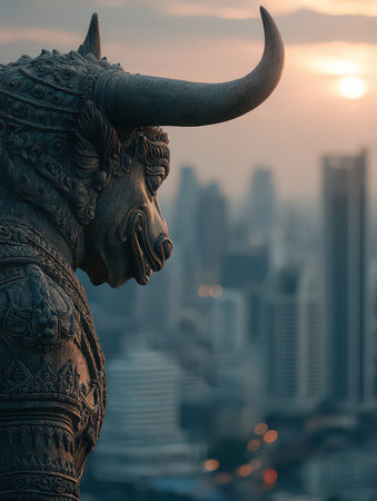 A stunning bull statue gazes over a sprawling city skyline at sunset, blending art and culture with modern architecture in a breathtaking scene.の素材