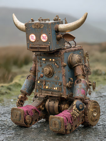 A charming steampunk robot with horns, designed with intricate details. The figure sits on a picturesque country road, evoking whimsy and creativity.の素材