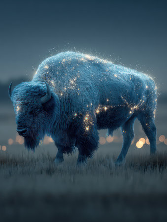 A captivating bison illuminated by delicate star-like lights stands amidst a serene twilight landscape, embodying a sense of magic and tranquility in nature.の素材