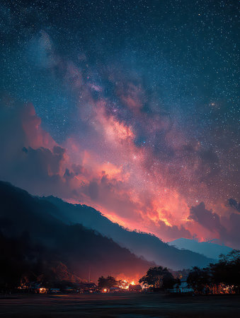 Witness the stunning display of the Milky Way shining over mountains and illuminating clouds at dusk, creating a captivating and serene landscape.の素材