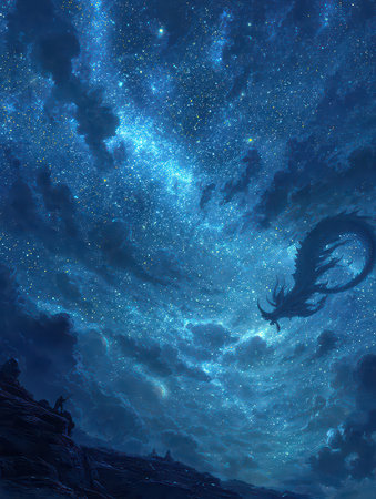 A breathtaking scene featuring a mystical dragon soaring through a star-filled sky. The enchanting clouds and twinkling stars create an otherworldly ambiance.の素材