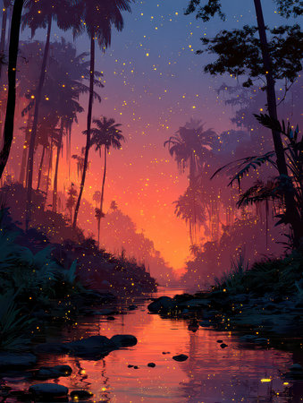 Explore a serene tropical jungle at sunset, with glowing fireflies illuminating the vibrant landscape. A tranquil river reflects warm hues of dusk.の素材