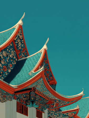 Captivating view of a traditional Asian roof showcasing intricate patterns and vibrant colors under a clear blue sky, reflecting artistic heritage and elegance.の素材