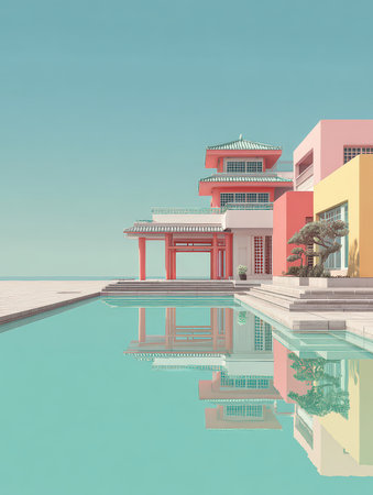 Explore a stunning architectural scene featuring a vibrant pavilion beside a clear reflective pool under a serene blue sky, perfect for tranquil escapes.の素材