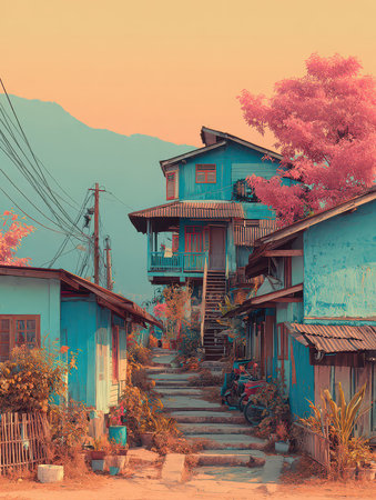 Discover a vibrant neighborhood showcasing colorful houses, set against a serene mountain backdrop, ideal for capturing tranquility and charm in photography.の素材