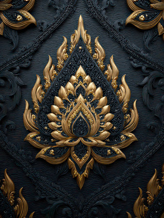 This stunning image features an intricate floral design in golden tones atop a rich black textured background, combining elegance with artistic craftsmanship.の素材