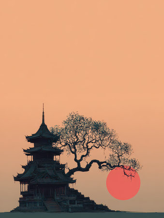 A serene image showcasing a traditional Asian temple silhouette against a soothing sunset backdrop, complemented by a lone tree, evoking tranquility and cultural heritage.の素材