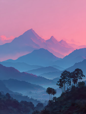 Experience a breathtaking mountain landscape at dusk, showcasing vibrant pink and blue hues. This serene environment captures the beauty of natureの素材