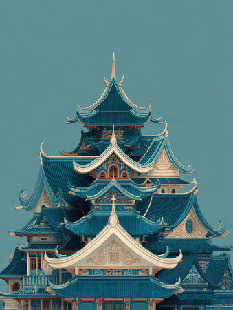 Explore a stunning architectural piece showcasing vibrant colors and intricate roof designs. Perfect for cultural and travel themes in photography.の素材
