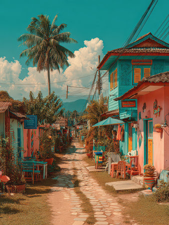 Explore a vibrant tropical village pathway lined with colorful houses and palm trees. This serene setting invites travel and relaxation in a charming environment.の素材