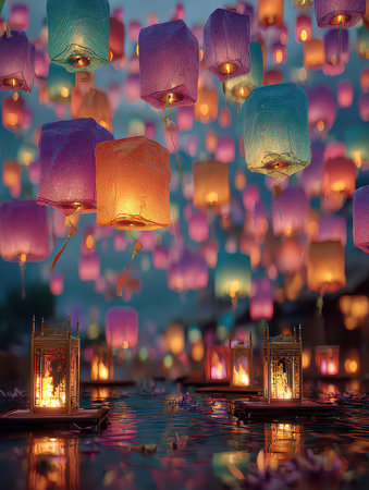 A captivating scene of colorful floating lanterns illuminating a tranquil night sky, reflecting beautifully on serene water, creating a magical atmosphere.の素材