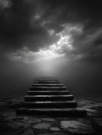 A mysterious staircase leads toward a bright light above, emerging from dark clouds and fog. This atmospheric scene evokes feelings of hope and exploration.の素材