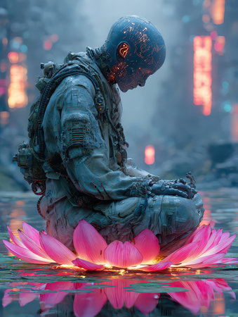 This captivating image features a futuristic robot meditating on a vibrant lotus flower in a cyberpunk environment, blending technology and nature in harmony.の素材