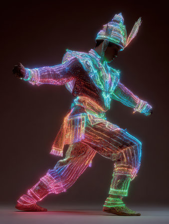 A vibrant dancer showcases a stunning display of LED lights, creating a mesmerizing art form that blends tradition with modern technology against a dark backdrop.の素材